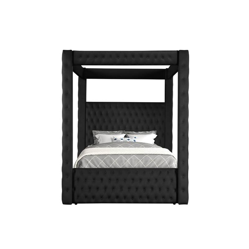 Beli Queen Size Canopy Bed, Tufted Design, Black Velvet Upholstery