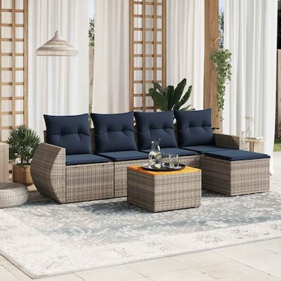 vidaXL 6 Piece Patio Sofa Set with Cushions Gray Poly Rattan - 99.2x33.5x65.0