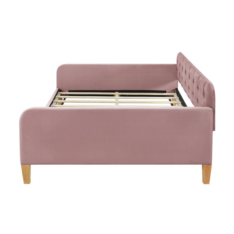 Full Size Velvet Upholstered Daybed Frame with Tufted Backrest & 4 Legs
