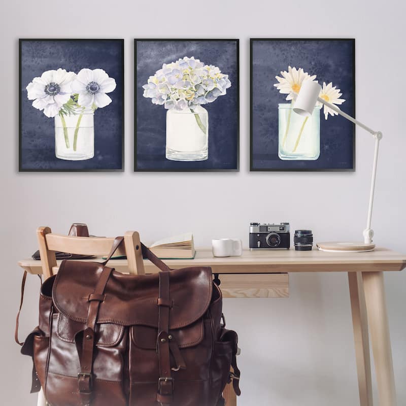 Stupell Farmhouse Flower Bouquets Navy Blue White Painting,3pc,3pc Multi Piece Framed Wall Art Set