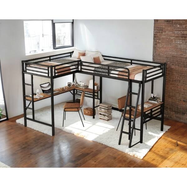 slide 2 of 9, 2 in 1 Twin Size Metal Double Loft Bed with 2 Built-in Desks Black