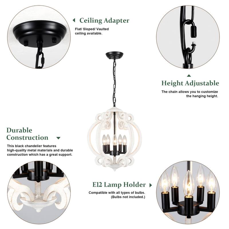 15.75“ 5-Light Rustic Pendant Light, Wood Ceiling Light Farmhouse Shabby Chic Chandelier, Classic Semi Flush Mount Chandelier