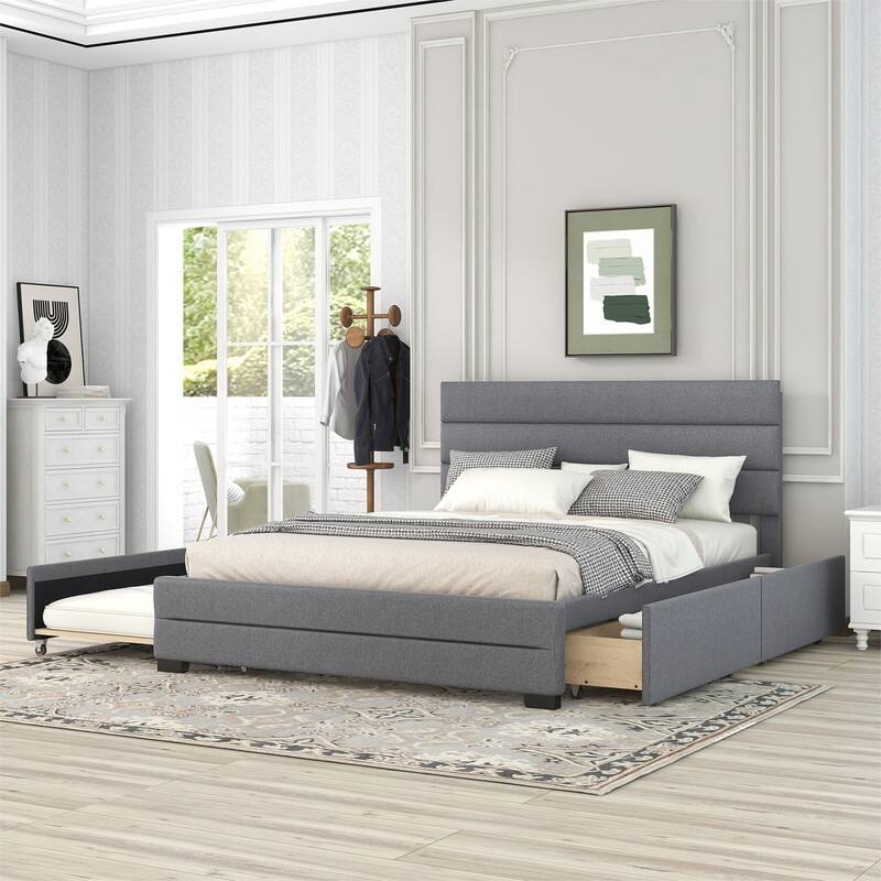 Upholstered Queen Size Platform Bed with 2 Storage Drawers and Twin Trundle Bed, Wood Queen Bed Frame with Linen Fabric