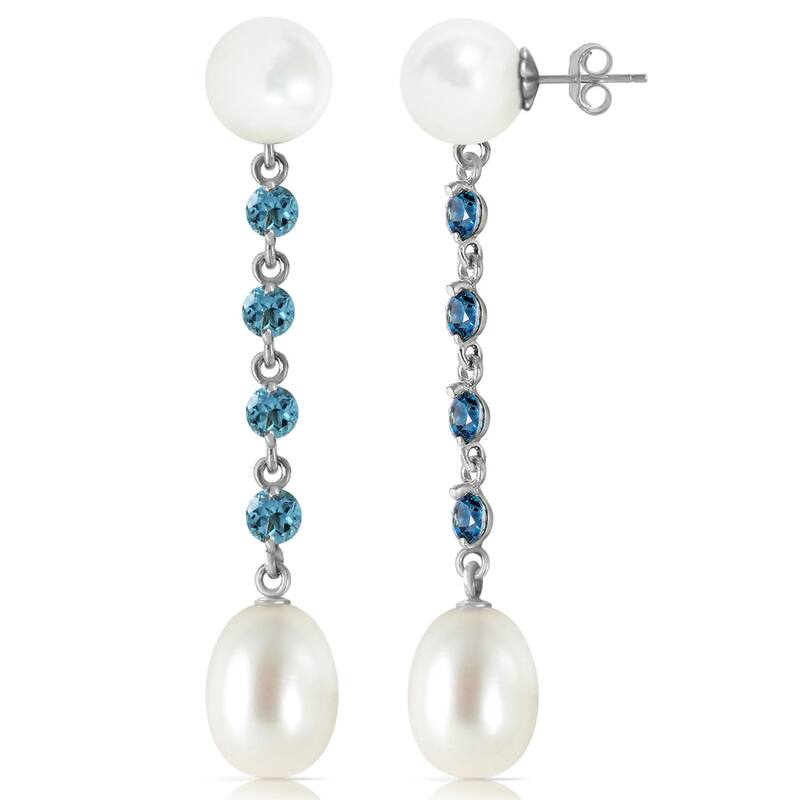 14K Solid Gold Chandelier Blue Topaz & Pearl Gemstone Earrings - White