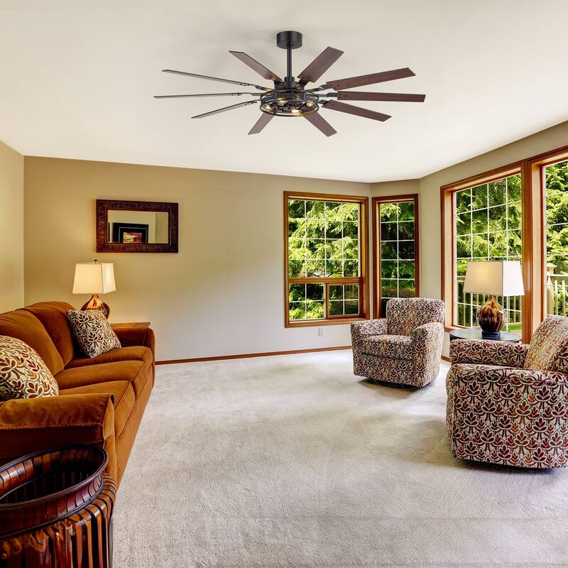 60" Reversible 10-Blade Open-Caged Metal Ceiling Fan with Light and Remote
