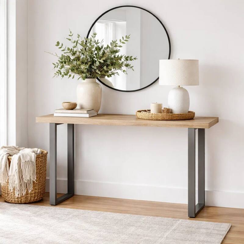 Oxy 54 Inch Console Side Table, Stone Surface, Metal Sled Base, Bronze