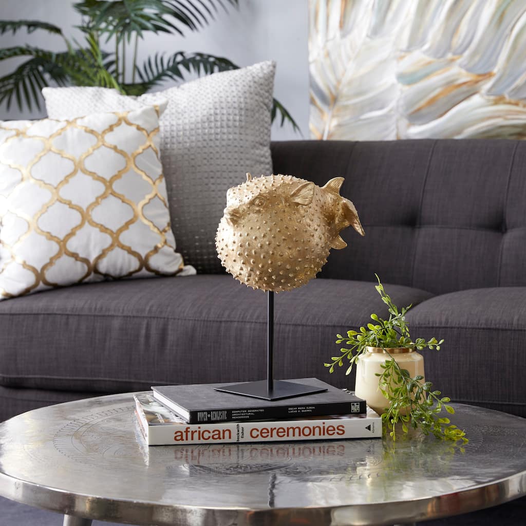 Gold Polyresin Handmade Spiked Blowfish Decorative Sculpture with Stand - 10 x 7 x 14