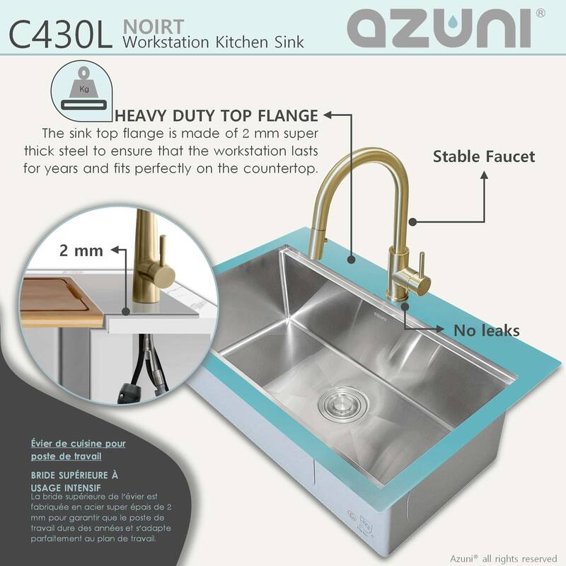 AZUNI 31.25 inch Top Mount Single Bowl Stainless Steel Ledge Workstation Kitchen Sink with Accessories C430L Handmade