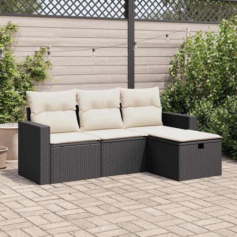 vidaXL Patio Sofa Set with Cushions Outdoor Furniture 4 Piece Poly Rattan - Black and cream 3-seater Sofa with Footstool