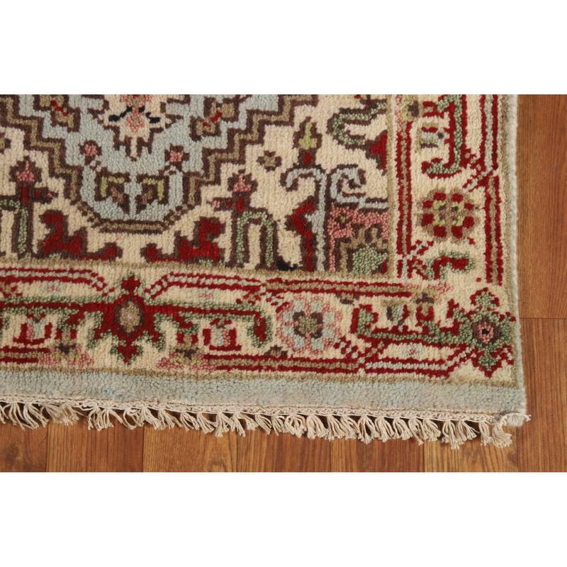 Hand Knotted Oriental 100% Wool Carpet Traditional Geometric Navy Blue & Blues Heriz (serapi) Runner Rug - 8' 1'' X 2' 5''