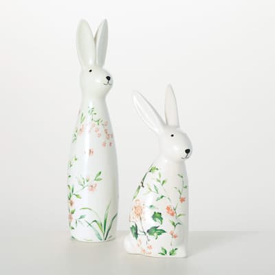 Sullivans 12" & 9" Floral Bunny Figurine Set of 2, Ceramic