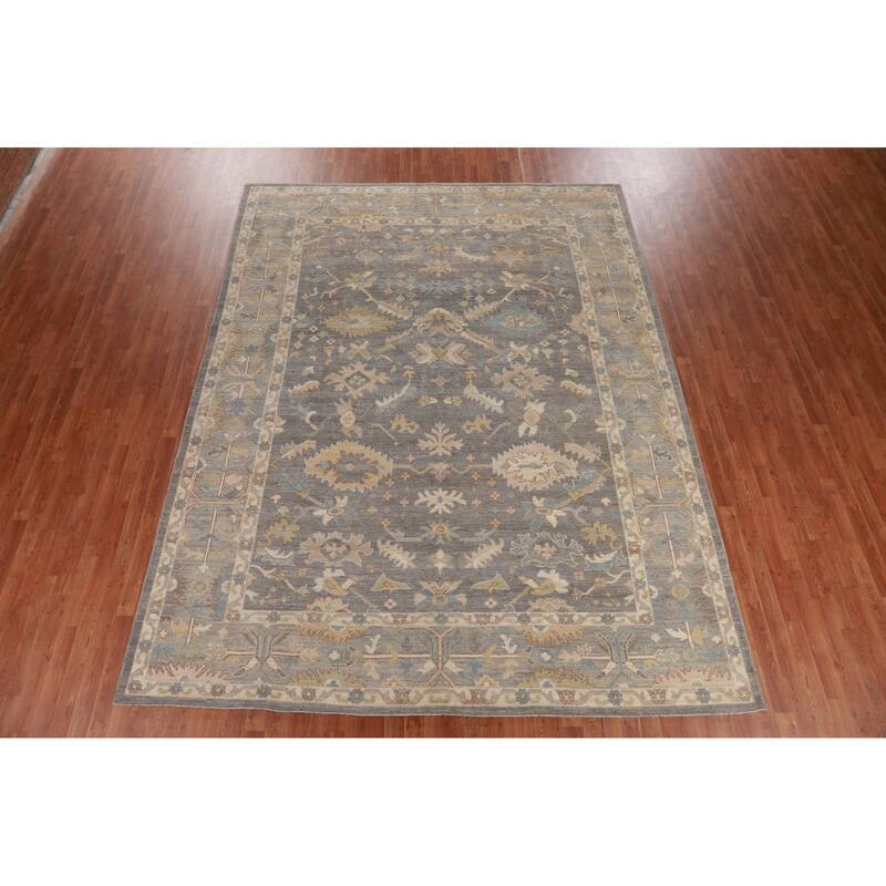 Hand Knotted Oriental 100% Wool Carpet Transitional All-Over Greys & Charcoal Oushak Area Rug - 12' 0'' X 9' 1''
