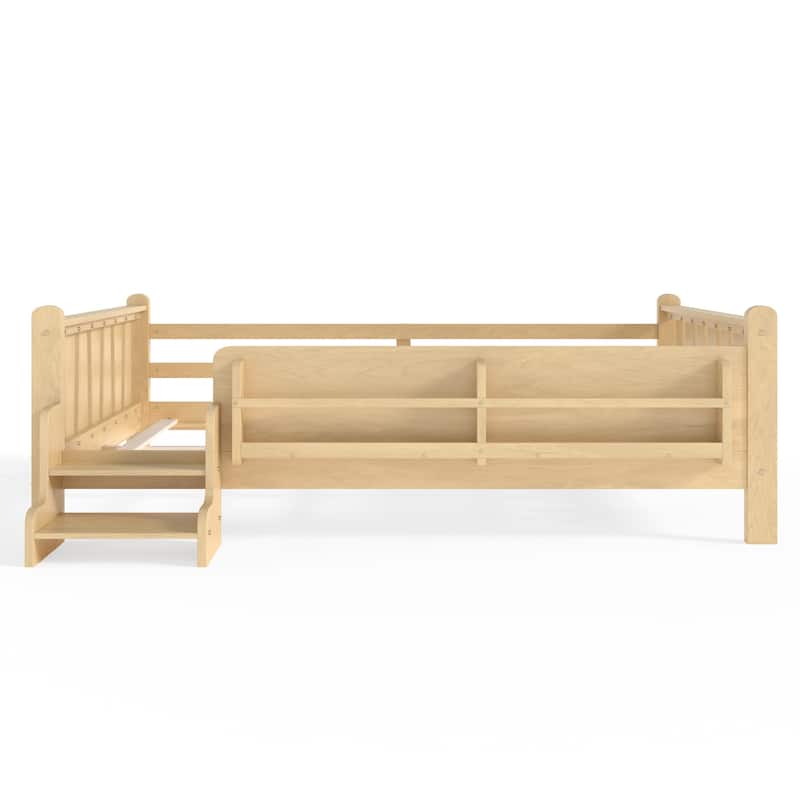 Full/Twin Floor Bed with Storage Bookcases & Cute Stairs - Solid Wood Kids Bed, No Box Spring