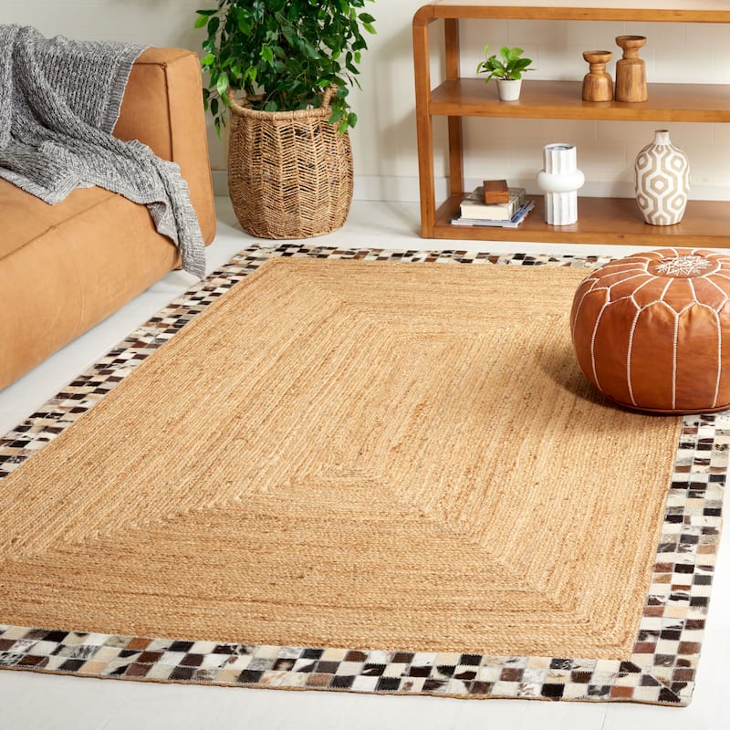 SAFAVIEH Handmade Natural Fiber Shreya Farmhouse Cowhide Leather & - 4' x 6' - Natural/Grey - Rectangle