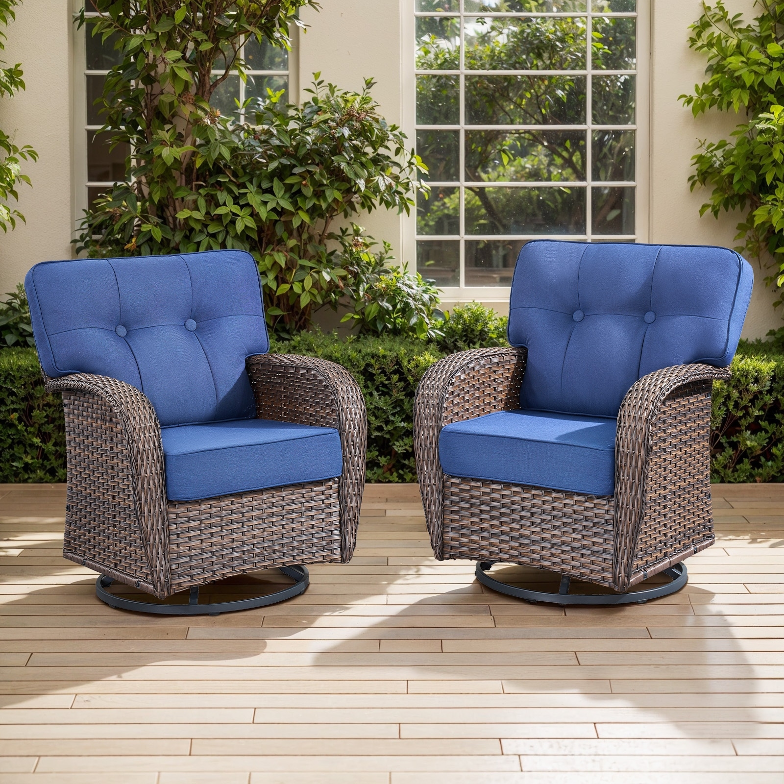 Meyreso Brown Wicker Patio Swivel Glider Chairs with 5-Inch Thick Cushions (2-Pack)