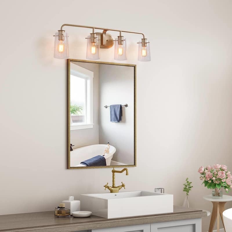 Modern Gold 4-Light Bathroom Vanity Lights Seeded Glass Wall Sconces - L31"xW5.5"xH9"