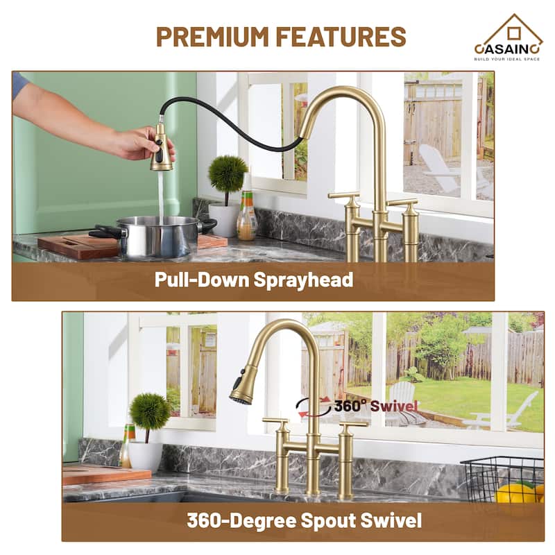 Double Handle Bridge Pull-Down Sprayhead Kitchen Faucet