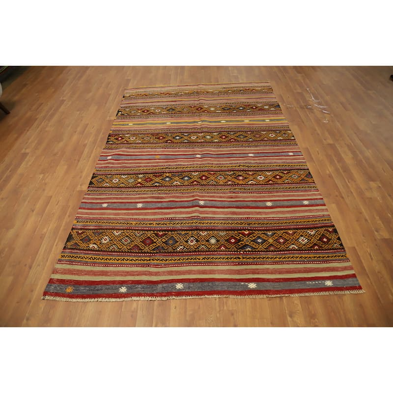 Hand Woven Oriental 100% Wool Carpet Southwestern Tribal Multi-Colored Kilim Area Rug - 8' 5'' X 5' 6''