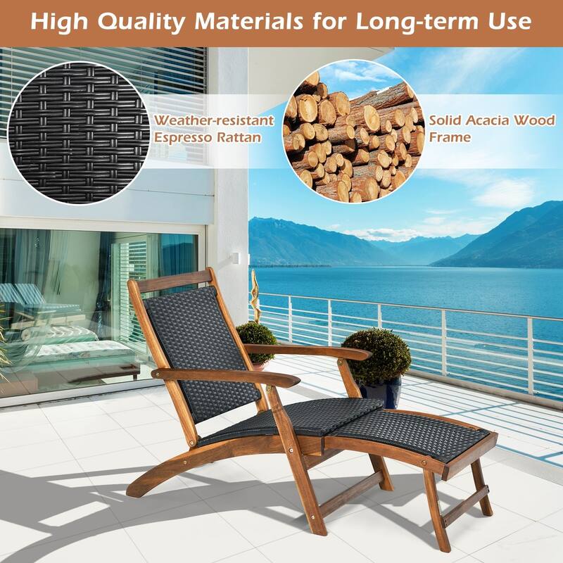 Patio Rattan Folding Lounge Chair with Acacia Wooden Frame Retractable Footrest - 24" x 51.5" x 32.5"(L x W x H)