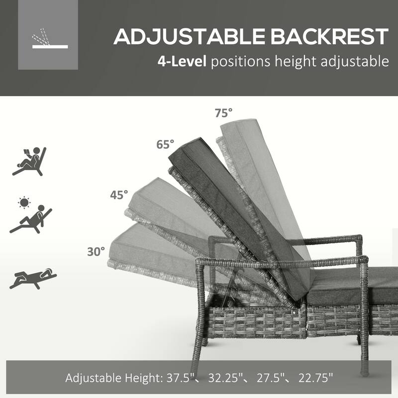 Outsunny Patio Chaise Lounge Chair, Outdoor PE Rattan Single Sun Lounger with 4-Level Adjustable Backrest