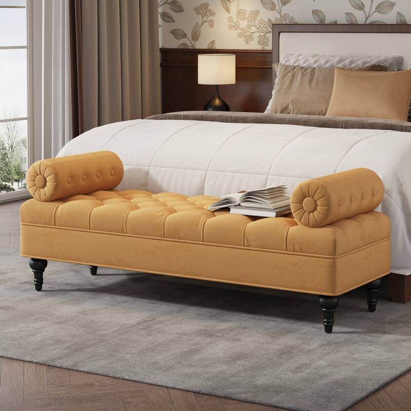 Modern Bedroom Bench Yellow End of Bed Bench with 2 Detachable Pillows, Upholstered Footstool Indoor Bench Lounge Bench