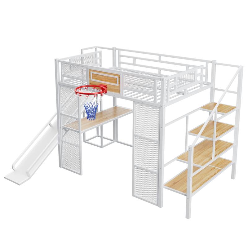 Metal Loft bed with Built-in Desk, Open Wardrobe, Basketball hoop, Slide and Staircase