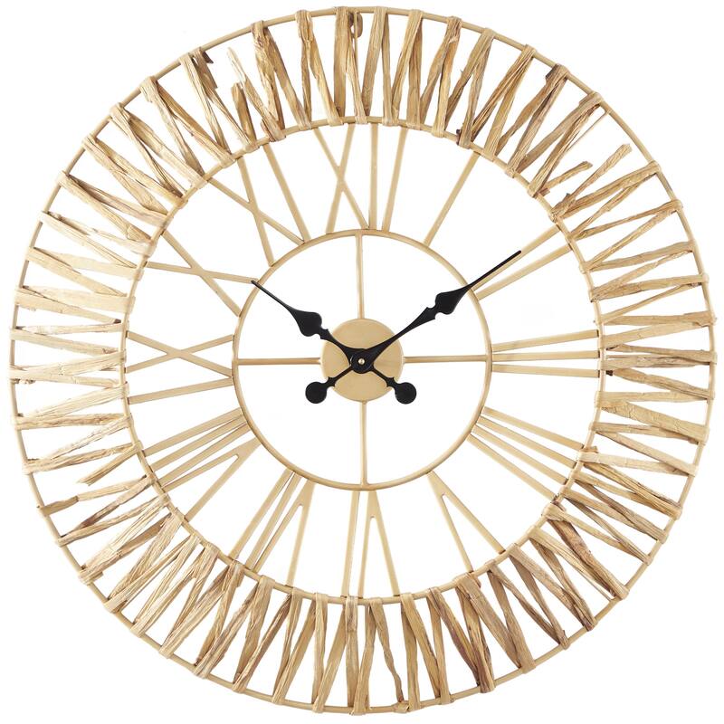 Brown Seagrass Woven Decorative Wall Clock with Gold Metal Frame
