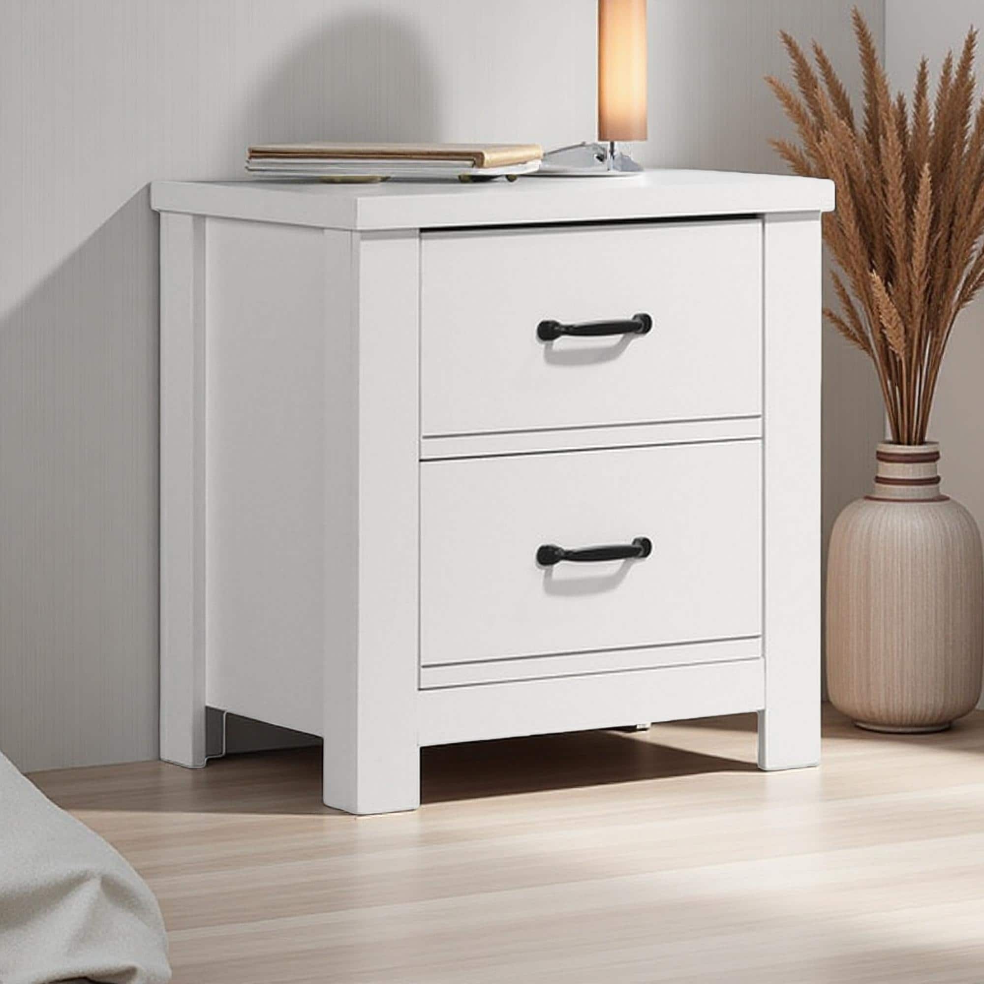 21.5"L 2-Drawer Nightstand Bedside Table with Paper Lamination Finish and Black Handles