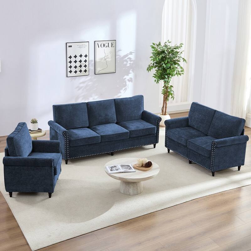 Mixoy 3Piece Chenille Living Room Sofa Set,Modern 3-Seater Sofa Couch&Loveseat Sofa&Single Sofa Armchair Set,Unique Riveted Look