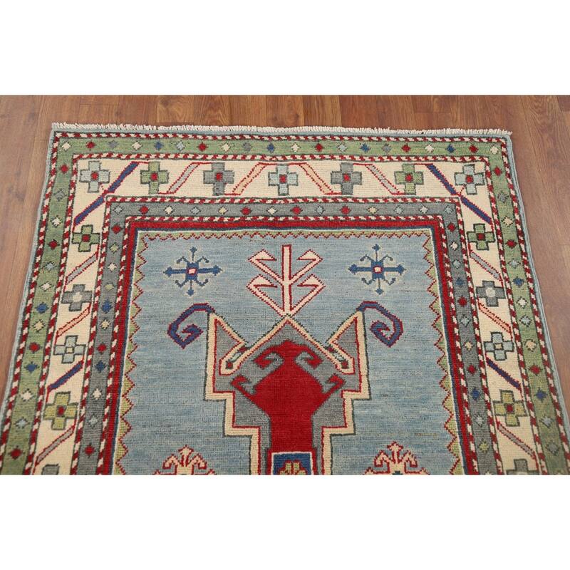 Light Blue Geometric Kazak Accent Rug Handmade Wool Carpet - 3'3" x 4'11"