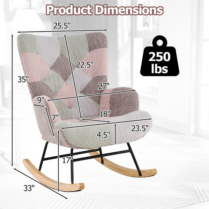 Multi-Color Boucle Sponge Metal Rocking Chair with Side Pocket and Ergonomic Design - 33" x 27" x 35"