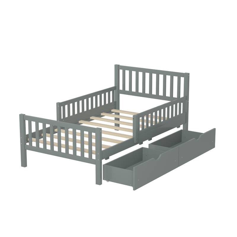 Wood Twin/Full Size Wood Platform Bed with Guardrails on Both Sides and Two Storage Drawers