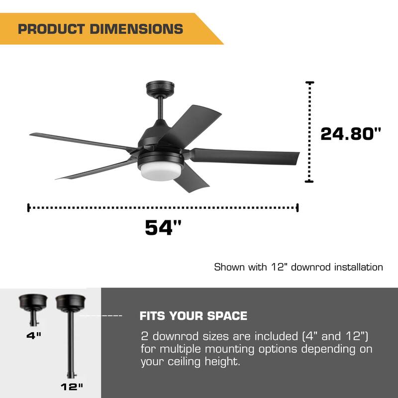 54" Mule F5 Matte Black Outdoor Wet-Rated Ceiling Fan with LED Light and Remote Control - 54 Inches