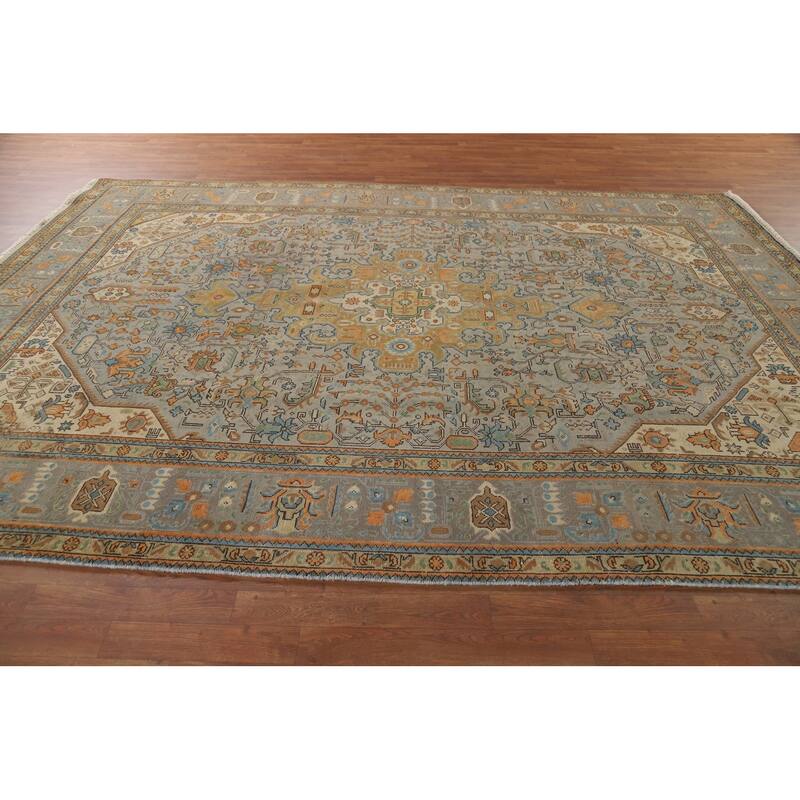 Grey Geometric Tabriz Vintage Persian Area Rug Handmade Wool Carpet - 8'1" x 11'3"