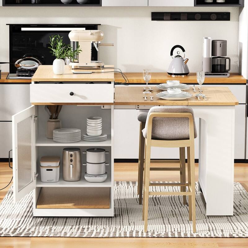 59.5" Kitchen Island with Extendable Dining Table Double-sided Storage and Built-in Power Outlet for Kitchen, Dining Room - White