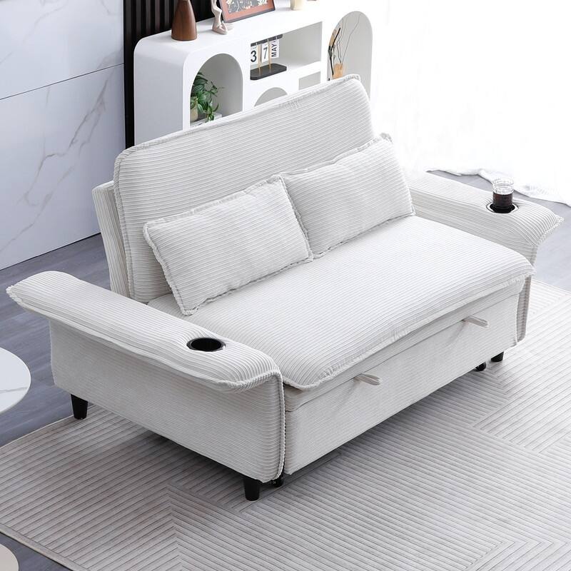 65.7" Corduroy Upholstered Pull-out Sofa With Cup Holder
