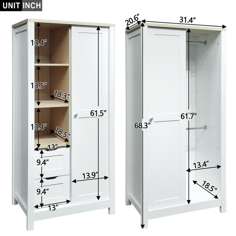 Storage Wardrobe with Hanging Rods and 2 Drawers and Open Shelves - N/A