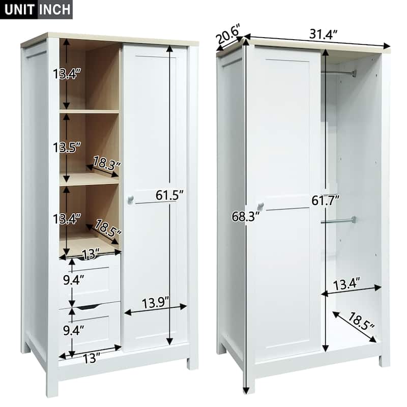 White Sliding Door Wardrobe Storage Cabinet w/ Hanging Rods & Drawers