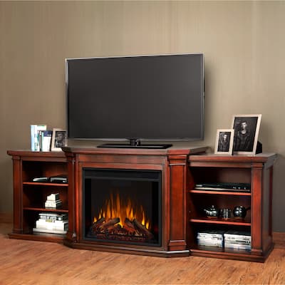 Valmont 74.25" Electric TV Stand Fireplace in Dark Mahogany by Real Flame - 75.5 W x 21.5 D x 27.7 H