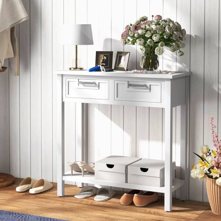 Wooden Console Table with 2 Drawers and Open Storage Shelf for Hallway