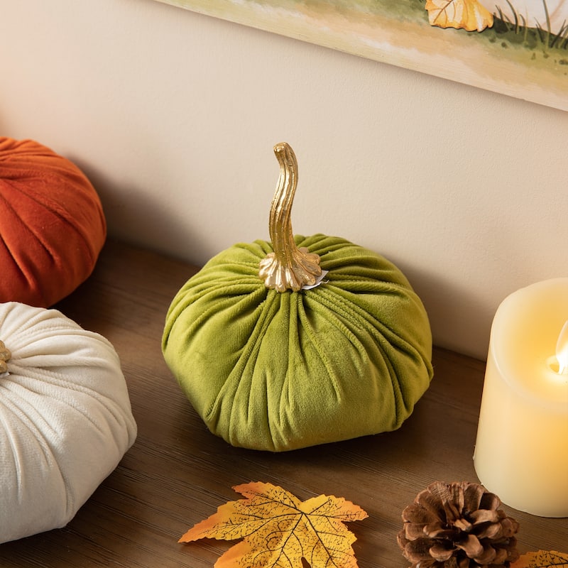 Glitzhome Set of 3 Orange White Green Fall Harvest Velvet Pumpkins Thanksgiving Centerpiece