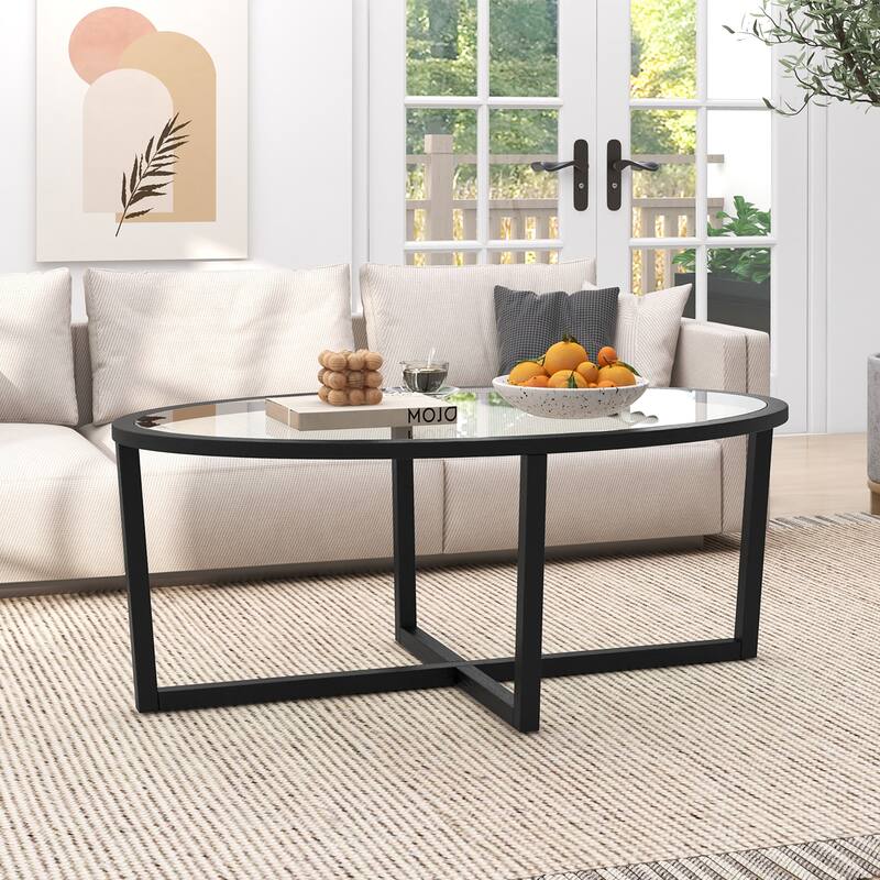 Gymax Modern Glass Coffee Table w/ Cross Base & Acacia Wood Legs for