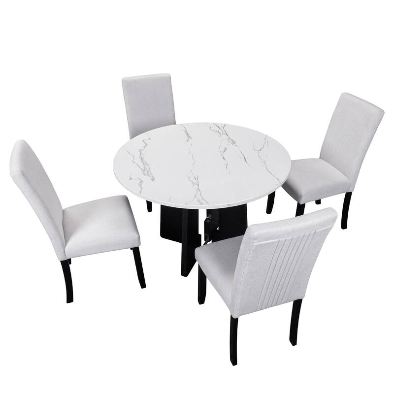 5-Piece, Modern Round Dining Table set with Dining Table and 4 Upholstered Chairs, for Dining Room, Kitchen Room, Living Room