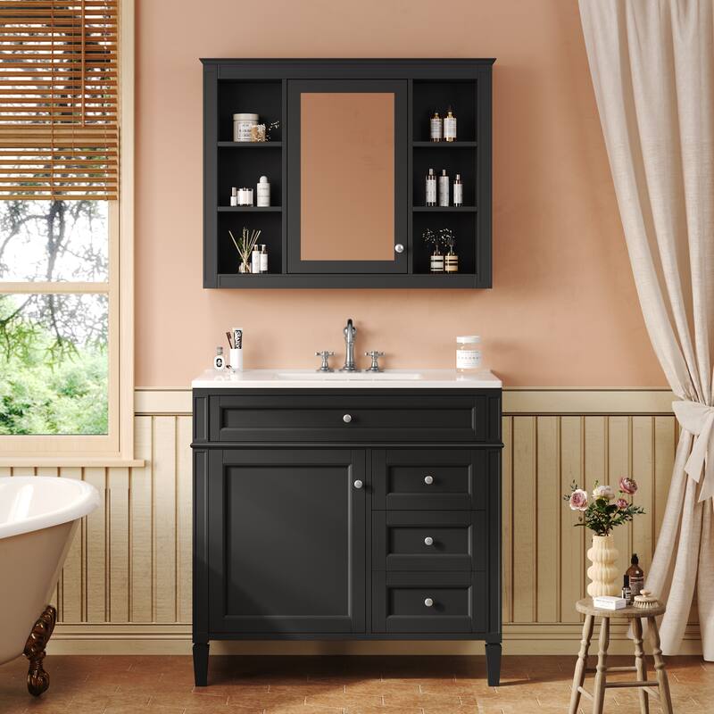 Freestanding Bathroom Vanity & Wall Mounted Mirror Cabinet Set with Resin Sink, Open Shelves, Drawers and Adjustable Shelves - Black