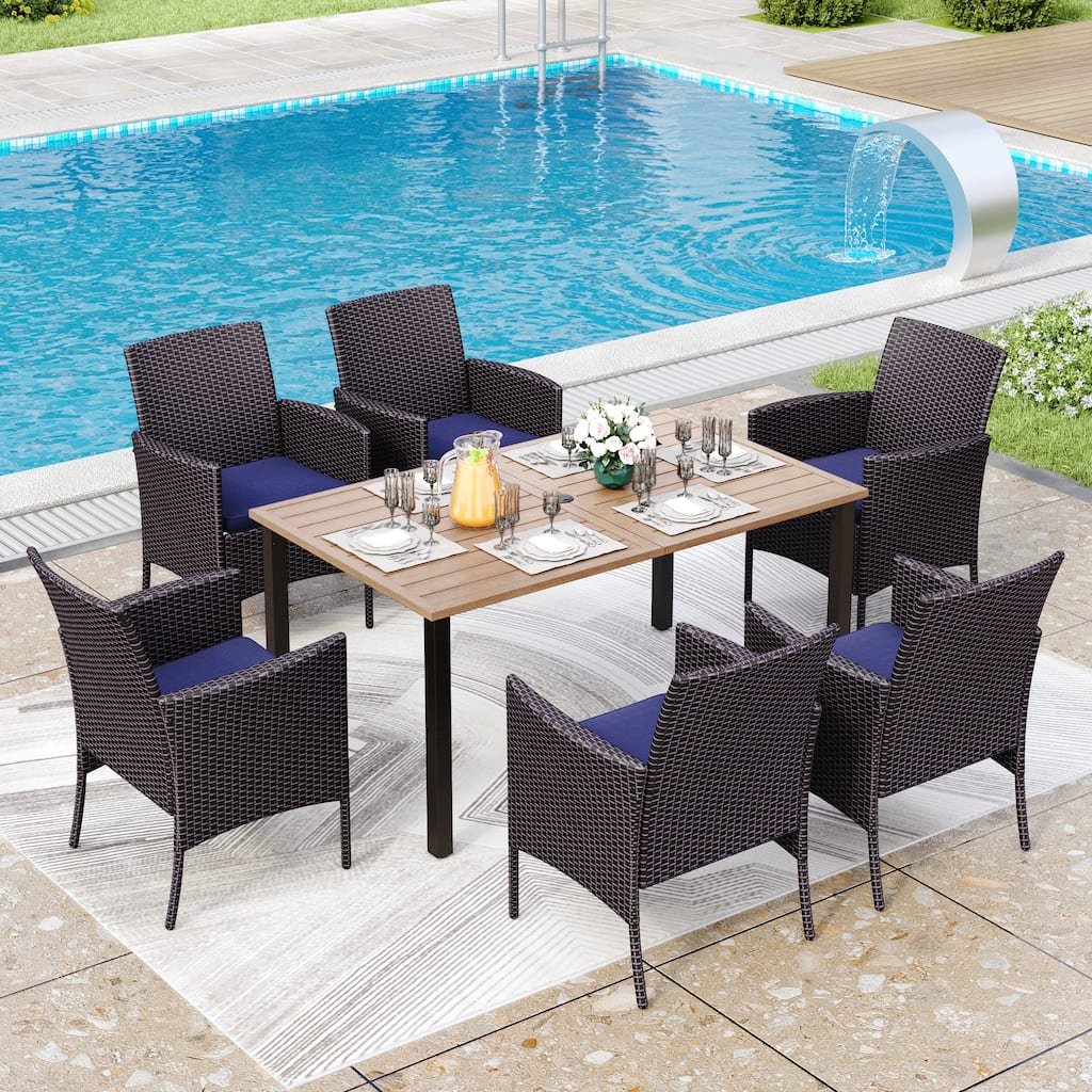 7-piece Patio Dining Set, 6 Sling Patio Rattan Dining Chairs and 1 Metal Dining Table