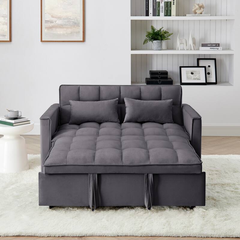 54.33 Inch Foldable Sofa Bed with Adjustable Back, Velvet Pull-Out Bed, USB Charging Port, Includes 2 Soft Pillows