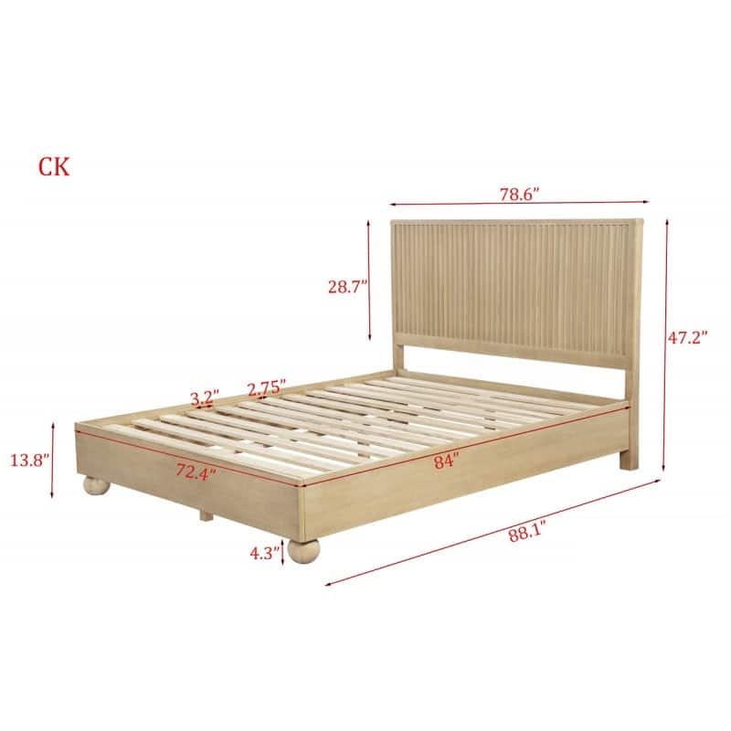California King Size Wooden Platform Bed with Fluted Panels Headboard - Modern Minimalist Design, Light Oak Finish