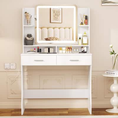 White Makeup Vanity Desk Wooden Dressing Table with Adjustable Lighted Mirror & 2 Drawers & Storage Shelves for Bedroom