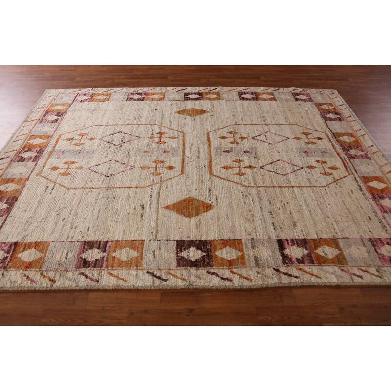 Geometric Beige Moroccan Oriental Area Rug Handmade Tribal Wool Carpet - 6'11" x 9'9"