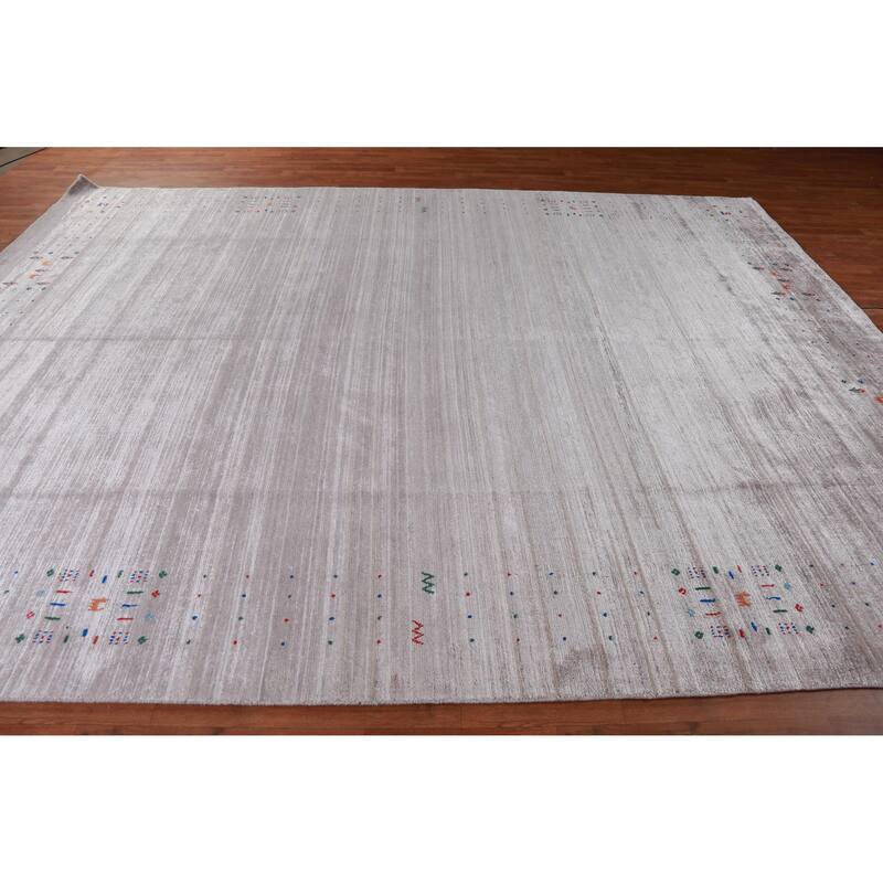 Hand Knotted Oriental Viscose Silk Carpet Tribal Stripe Greys & Charcoal Gabbeh Area Rug - 12' 5'' X 9' 3''